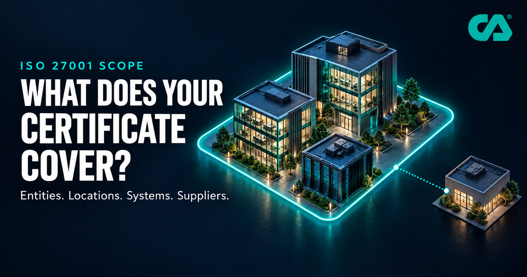 An ISO 27001 scope boundary connecting selected locations, systems and suppliers.