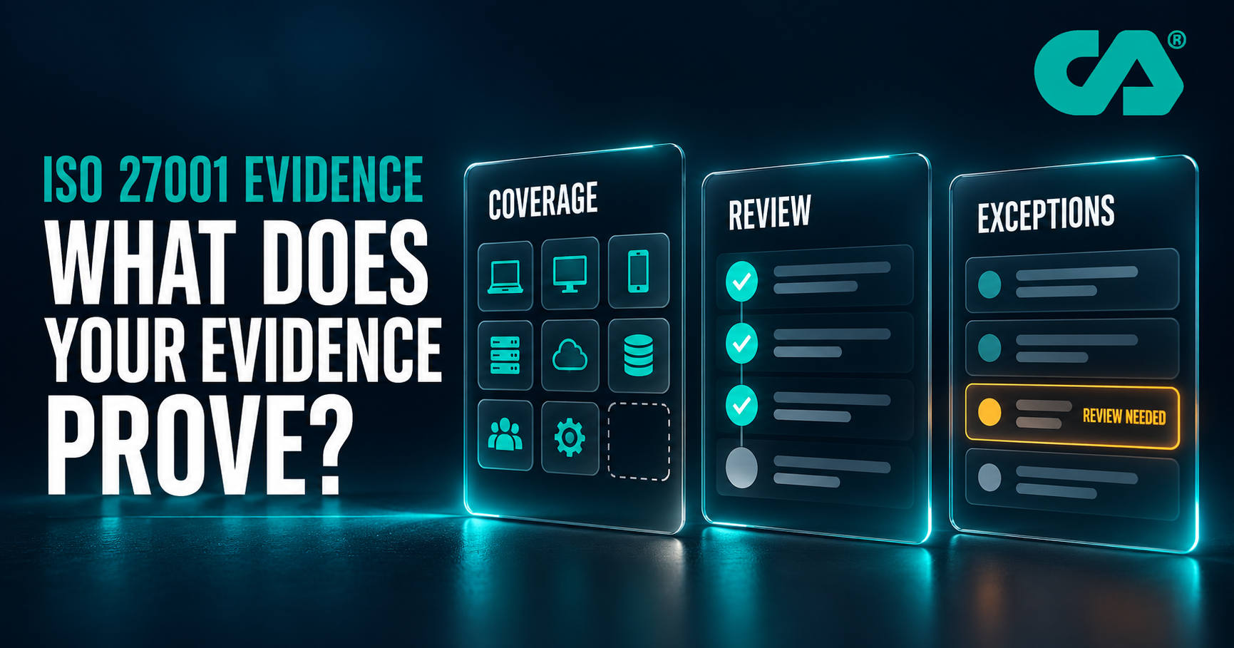 Security evidence records showing coverage, review dates, owners and exceptions across teams.
